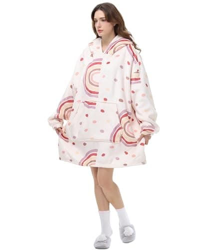 POP CLOSETS Wearable Blanket Hoodie Oversized Sherpa Fleece Sweatshirt Blanket Winter Blanket Hoodie for Adult Pink Rainbow - Image 1