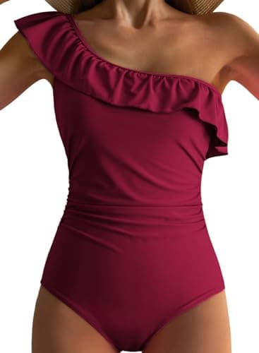 Dokotoo Women's One Piece Swimsuits One Shoulder 2026 Ruched Asymmetric Removable Padded Ruffles Sleeves Sexy Monokinis Tummy Control Plus Size Swimwears,Burgundy Large - Image 1
