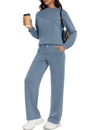 Casly Lamiit Womens Loungewear Set Two Piece Casual Outfits Mock Neck Pullover Tops Wide Leg Sweatpants Sets 2025 Fall Winter Chothes Blue Grey XS - Image 1