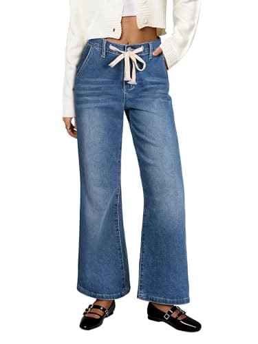 HDLTE Wide Leg Jeans Woman High Waisted Trendy Pull On Elastic Waist Drawstring Stretchy Denim Jean Pants with Pockets，Light Blue，M - Image 1