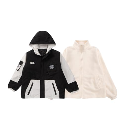 ELUCKFACE Kids Windproof 3-in-1 Winter Jacket, Hooded Water-Resistant Thick Coat with Detachable Fleece for Boys Girls Black 11-12 Years - Image 1