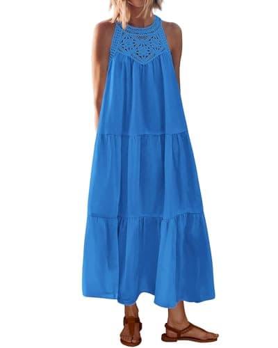 BTFBM Halter Summer Dresses for Women 2026 Casual Spring Hollow Out Sleeveless Boho Sundresses Beach Vacation Maxi Dress(Blue, Large) - Image 1