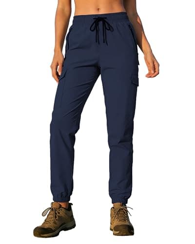 Womens Cargo Joggers with Pockets Hiking Pants Water Resistant Quick Dry Lightweight Elastic Waist Drawstring UPF 50+ Travel Casual Work Jogging Dark Blue M - Image 1
