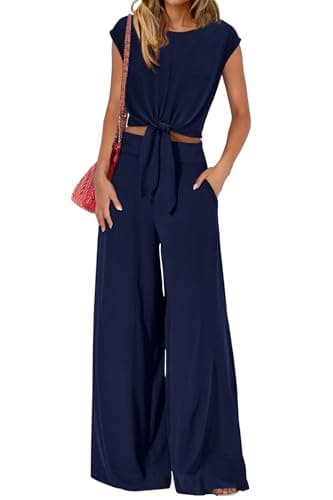 PRETTYGARDEN Women 2 Piece Lounge Sets 2026 Casual Summer Outfits Cap Sleeve Strappy Crop Tops Wide Leg Pant Tracksuit(Navy Blue,Large) - Image 1