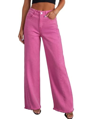 Sidefeel Women's Wide Leg Jeans High Waisted Stretchy Fashion Clothing Denim Pants Size 14 Hot Pink - Image 1
