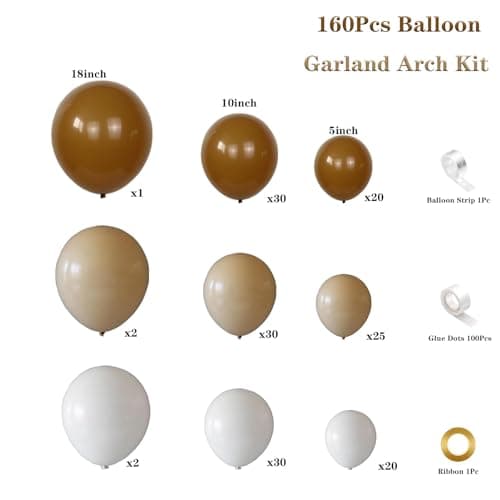 160Pcs Boho Brown White Nude Balloon Garland Arch Kit Dark Brown Nude Tan White Latex Balloons for Neutral Bear Baby Shower Birthday Party Decorations - Thumbnail 2