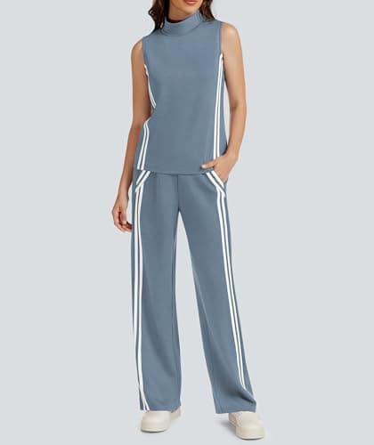 Casly Lamiit Lounge Wear for Women 2 Piece Set Travel Outfits Casual Sweat Suit Track Activewear Mock Neck Sleeveless Top Wide Leg Pants Grey Blue S - Thumbnail 3