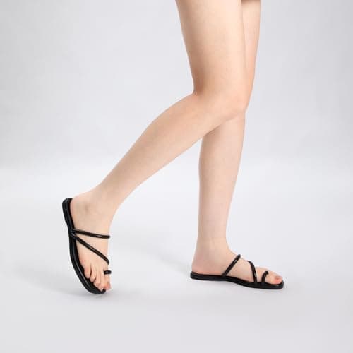 Rihero Black Slide Sandals Women Comfortable Square Toe Strappy Thong Flat Sandals Beach Dressy Slip On Flip Flops Size 8.5 - Thumbnail 2