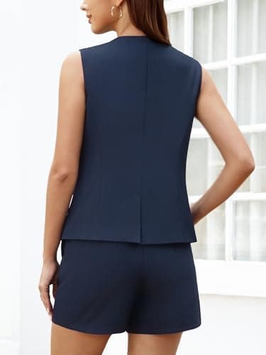 Casly Lamiit Womens Two Piece Short Sets Summer Business Formal Outfits Button Down Vest Pocket Suiting Professional Classic Clothing Navy Blue M - Thumbnail 3