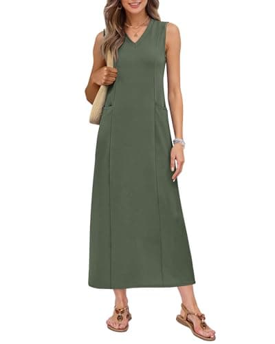 MISFAY Women's Summer Maxi Dress with Pockets Sleeveless V Neck Loose Long Sundress Split Casual Vacation Outfits(Army Green,L) - Image 1