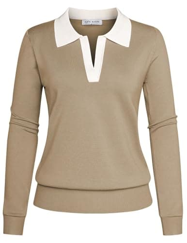 Kate Kasin Fall Sweaters Tops V Neck Color Block Soft Knit Pullover Shirt Apricot White S - Image 1