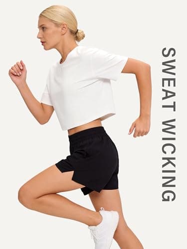 Stelle Womens Workout Crop Top Loose Short Sleeve Shirt Breathable Quick Dry UPF 50+ Oversized Boxy Tee for Running Athletic White X-Large - Thumbnail 5