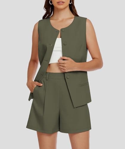 Casly Lamiit Womens 2025 Two Piece Shorts Sets Sleeveless Button Down Vest Summer Business Casual Outfits Dressy Interview Work Pants Suit Army Green XS - Thumbnail 3