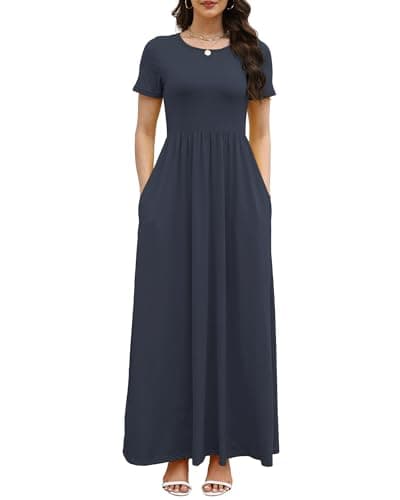 COSSEN Women’s Crewneck Short Sleeve Maxi Dress Navy Blue Medium with Pockets – Casual Loose Swing Sundress for Wedding Guest, Beach & Vacation - Image 1