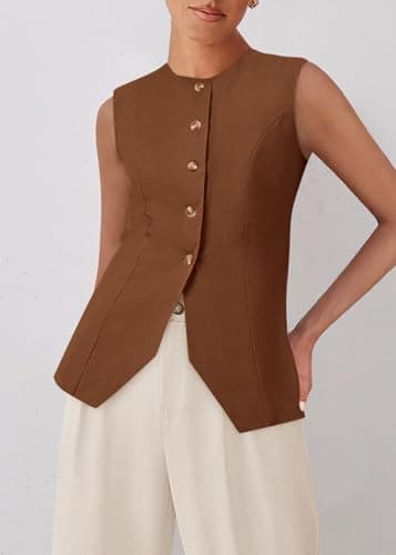 KIRUNDO Vest Tops for Women Trendy Dressy Business Casual Outfits 2026 Summer Sleeveless Fitted Blazer Work Suit Waistcoat(Brown, XX-Large) - Thumbnail 4