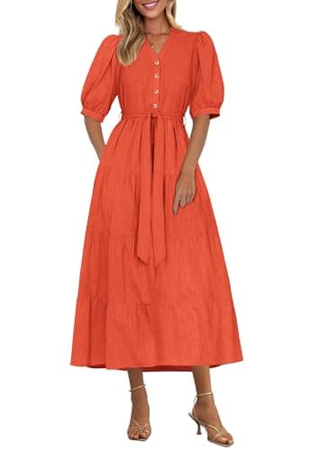 PRETTYGARDEN Summer Dresses for Women 2026 Elegant Classy Short Sleeve V Neck Ruffle A Line Belted Long Beach Vacation Dress (Orange,Small) - Image 1