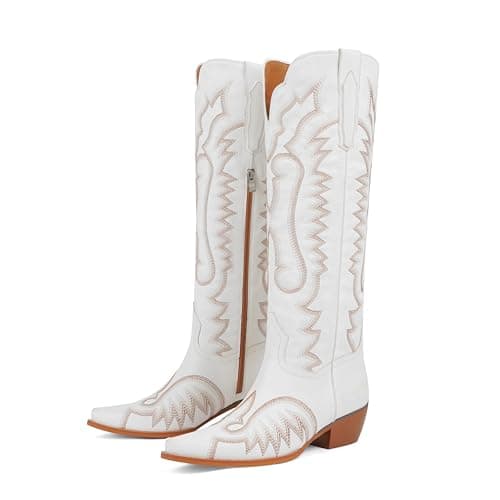 Easyfox Cowboy Boots for Women Knee High White Cowgirl Boots Square Toe Chunky Heel Embroidery Western Boots Womens Size 9.5 - Thumbnail 4