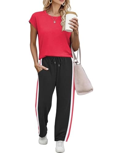 Casly Lamiit Sweatsuit for Women Summer Business Trendy Casual Workout Sets Crew Neck Tops and Wide Leg Pants Cruise Outfit Jogger Active Lounge Sets Red XL - Image 1