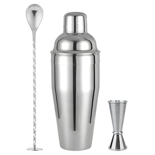 Cocktail Shaker, 24 oz Martini Shaker, Drink Shaker Built-in Strainer, Professional Drink Mixer Set for Beginners, with Measuring Cup and Stirring Spoon, Silver - Image 1