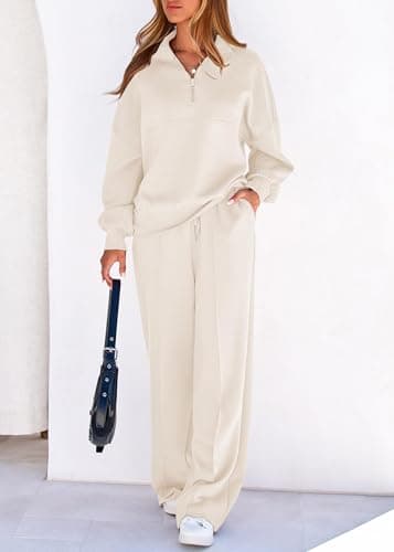 Lazysmile 2 Piece Sets For Women Lapel Half Zip Sweatshirt and Wide Leg Long Pants Sweatsuit Lounge Sets Workout Sets - Thumbnail 6