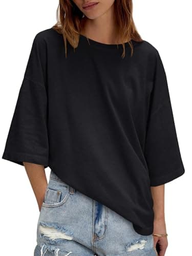 UNCLECAT Womens Oversized Half Sleeve T Shirts Summer Tops Trendy Crew Neck Loose Fit Workout Tee Clothes Black - Image 1