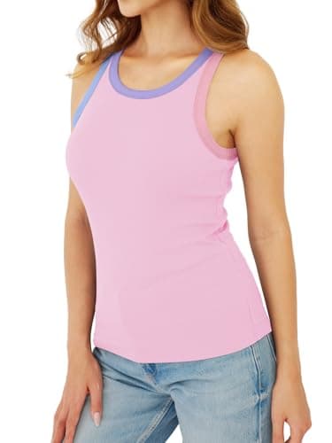 GKBK Womens Colorblock Ribbed Tank Tops Crewneck Fitted Cute Sleeveless Racerback Basic Casual Summer Cami Shirts Pink - Thumbnail 5