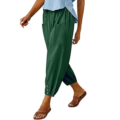 WROLEM Women's High Waist Pants Drawstring Capri Pants with Pockets Wide Leg Cropped Pants for WomenDark-Green XX-Large-3 - Image 1