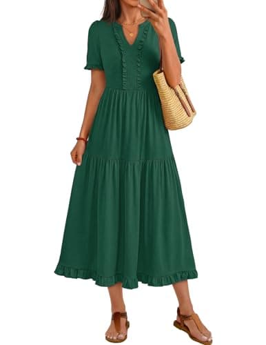 MEROKEETY Women's 2026 Summer Casual Midi Dress Short Sleeve V Neck A Line Flowy Tiered Vacation Beach Dresses, DarkGreen, Medium - Image 1