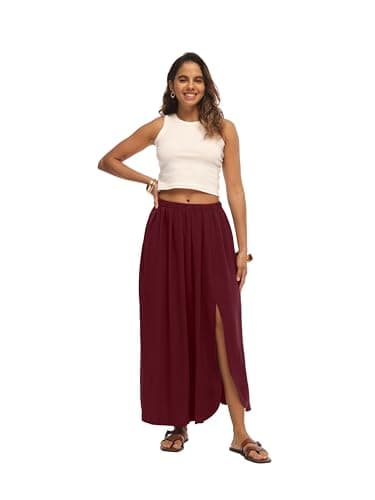 HiMONE Womens Elegant Maxi Skirt High Waisted Pleated Flowy Skirt with Side Slit for Church Office 2026 Wine Red - Thumbnail 4