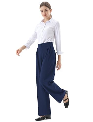 JOYCATCH Womens Wide Straight Leg Work Pants Casual Slacks Business Office Trousers Button Dress Pants Navy - Thumbnail 3