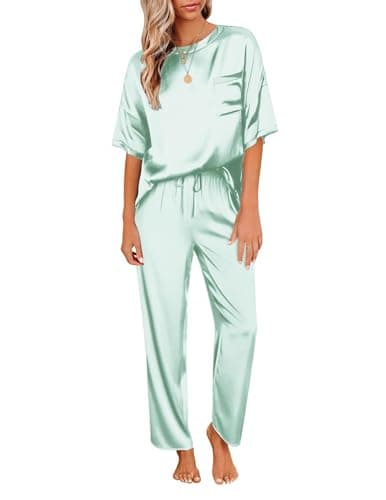 Ekouaer Womens Satin Silky Pajama Set Short Sleeve Shirt with Long Pajama Pant Set Soft PJ Loungewear Aqua Green - Image 1
