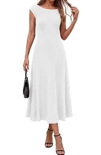 BTFBM Womens Spring Dresses 2026 Asymmetrical Neck Short Sleeve Pleated Swing Knit Midi Dress Business Casual(White, Medium) - Image 1