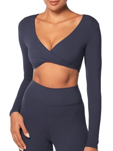 Sunzel Long Sleeve Workout Tops for Women Buttery Soft Deep V Twist Cropped Tops with Compression for Yoga Pilates Gym Outfit Ash Blue X-Small - Image 1