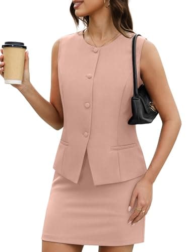 Casly Lamiit Womens Two Piece Blazer Sets Summer Dressy Casual Short Skirt Suit Set Crew Neck Vest Ladies Matching Cute Office Wear Pink M - Image 1