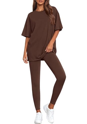 BTFBM Two Piece Lounge Set Women 2026 Spring Casual Oversized Shirts Leggings Matching Workout Airport Travel Outfits(Brown, XX-Large) - Image 1