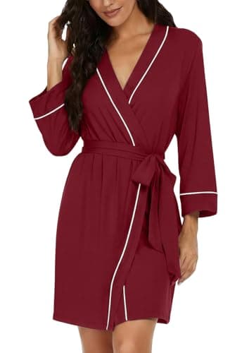 PrinStory Womens Robe Knee Length Knit Bathrobe Lightweight Soft Ladies Robes Wine Red-S - Image 1