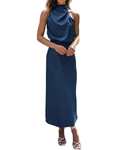 BTFBM Cocktail Dresses for Women Satin Silk Sleeveless Mock Neck High Waist Maxi Wedding Guest Dress Spring Clothes 2026(Dark Blue, Large) - Image 1