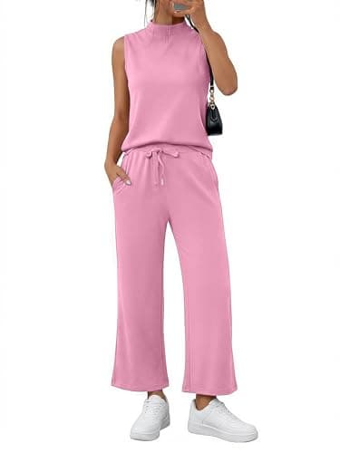 Casly Lamiit Women Summer 2 Piece Outfits Mock Neck Tank Top Cropped Wide Leg Pants Lounge Sets 2025 Fashion Casual Spring Travel Airport Outfits Dressy Clothing Jogger Tracksuit Hot Pink Hot pink 2XL - Image 1