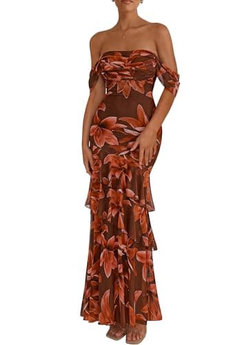 PRETTYGARDEN Women's Formal Cocktail Maxi Dresses 2026 Summer Off Shoulder Floral Mesh Bodycon Spring Wedding Guest Dress (Floral Brown,X-Small) - Image 1