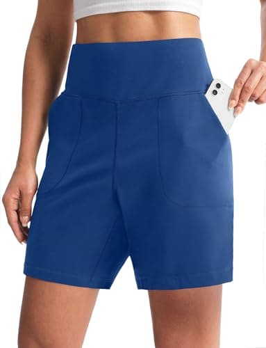 Cyasundent Women's Athletic Shorts with Zipper Pocket 6" High Waisted Bermuda Shorts for Women Workout Walking Running(Blue_XXXL) - Image 1
