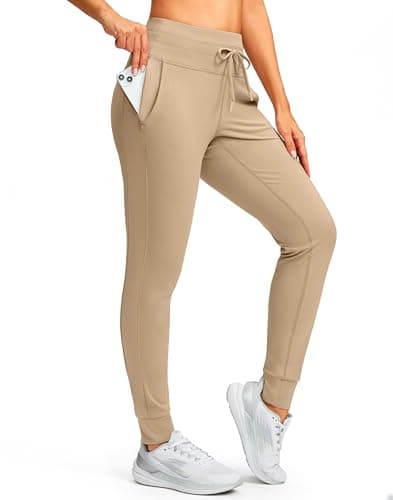 SANTINY Women's Fleece Lined Joggers with Pockets Slim Fit Ski Pants Winter Warm Leggings Hiking Running Gear (Khaki_M) - Image 1