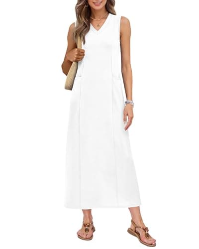 MISFAY Women's V Neck Summer Sleeveless Maxi Dress Beach Cruise Long Dresses Bridal Shower Dress with Pockets(White,L) - Image 1