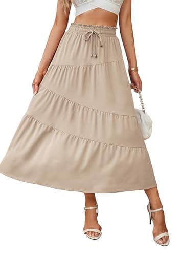 ECOWISH Women Boho Maxi Skirt: Summer Asymmetric Tiered Drawstring Elastic High Waist A-Line Flowy Long Skirts with Pockets 441 Khaki XL - Image 1