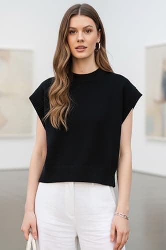 Orolay Women's Short Sleeve Mock Neck Sweater Vest Cap Sleeve Solid Knit Top - Lightweight Business Casual Black - Thumbnail 6