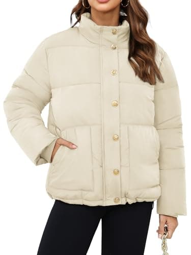 Funlingo Winter Puffer Jacket for Women Fashion Casual Zipper Warm Lightweight Short Down Coat Baggy Quilted Outerwear with Pockets Beige XL - Image 1