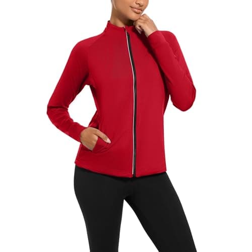 bpbtti Women's Polar Fleece Zip Up Workout Jackets with Pockets Slim Fit Cottony Soft Jacket for Running Athletic Yoga (Red,X-Large) - Thumbnail 3