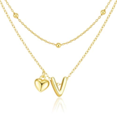adoyi Valentines Day Gifts Heart Initial Necklaces for Women Dainty 14K Gold Plated Heart Initial Necklaces Layered Letter V Pendant Necklace Stack Birthday Valentines Day Gifts for Women Jewelry - Image 1