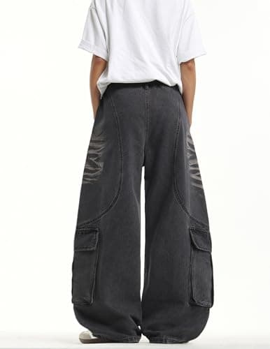 Men's Y2k Hip Hop Baggy Jeans Wide Leg Skater Pants Loose Fit Denim Pantalones Long Trousers Streetwear Rock Black - Thumbnail 4