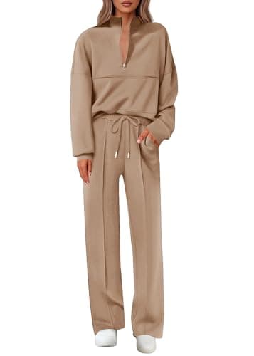 Lazysmile 2 Piece Sets For Women Lapel Half Zip Sweatshirt and Wide Leg Long Pants Sweatsuit Lounge Sets Workout Sets - Image 1