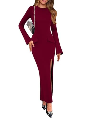 Lazysmile Fall Dresses for Women Long Sleeve Mock Neck Buckle Back Backless Bodycon Split Party Cocktail Wedding Guest Dress Wine Red - Image 1